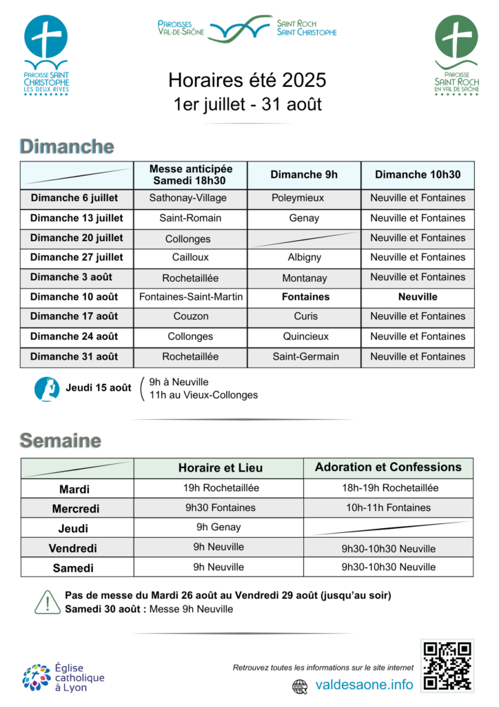 Horaires de l'été 2025 dans les paroisses catholiques du Val de Saône